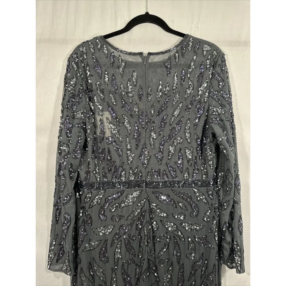 NWT $598 Mac Duggal [ 14 ] Beaded Long Sleeve‎ Evening Gown in Charcoal #S1107 - Picture 12 of 13